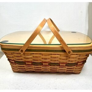 Rare VTG 1996 Signed Longaberger Picnic Basket With Glass‎ Lid 22" Handwoven USA